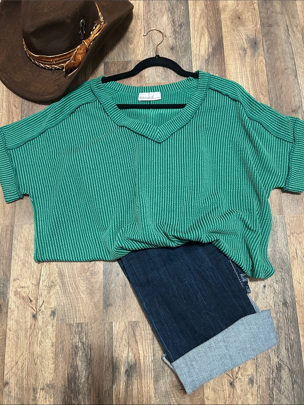Zenana Green Striped V-Neck Short Sleeve Top